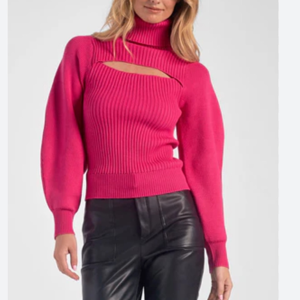 Elan Cutout Pink Turtleneck Sweater Ribbed Knit | S